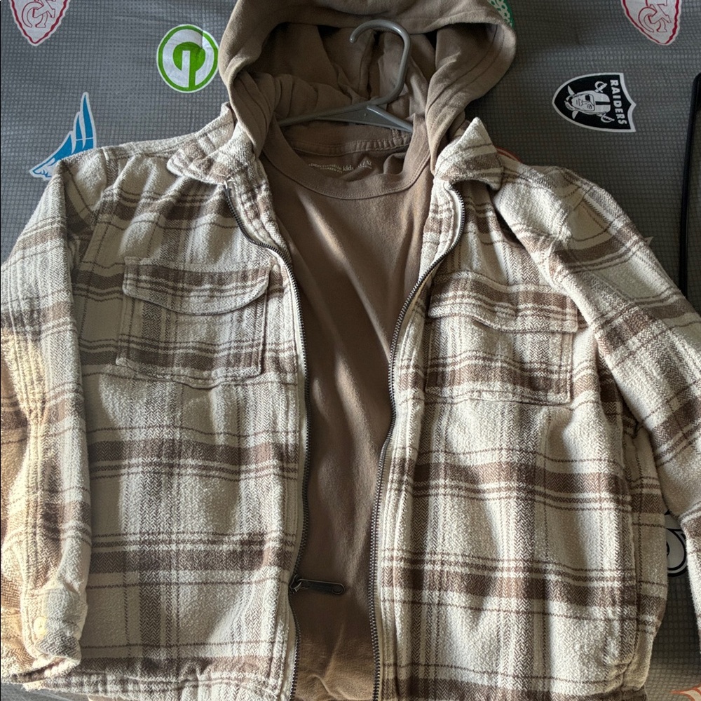 Abercrombie Kids Tan Plaid Hoodie Jacket w/ under shirt